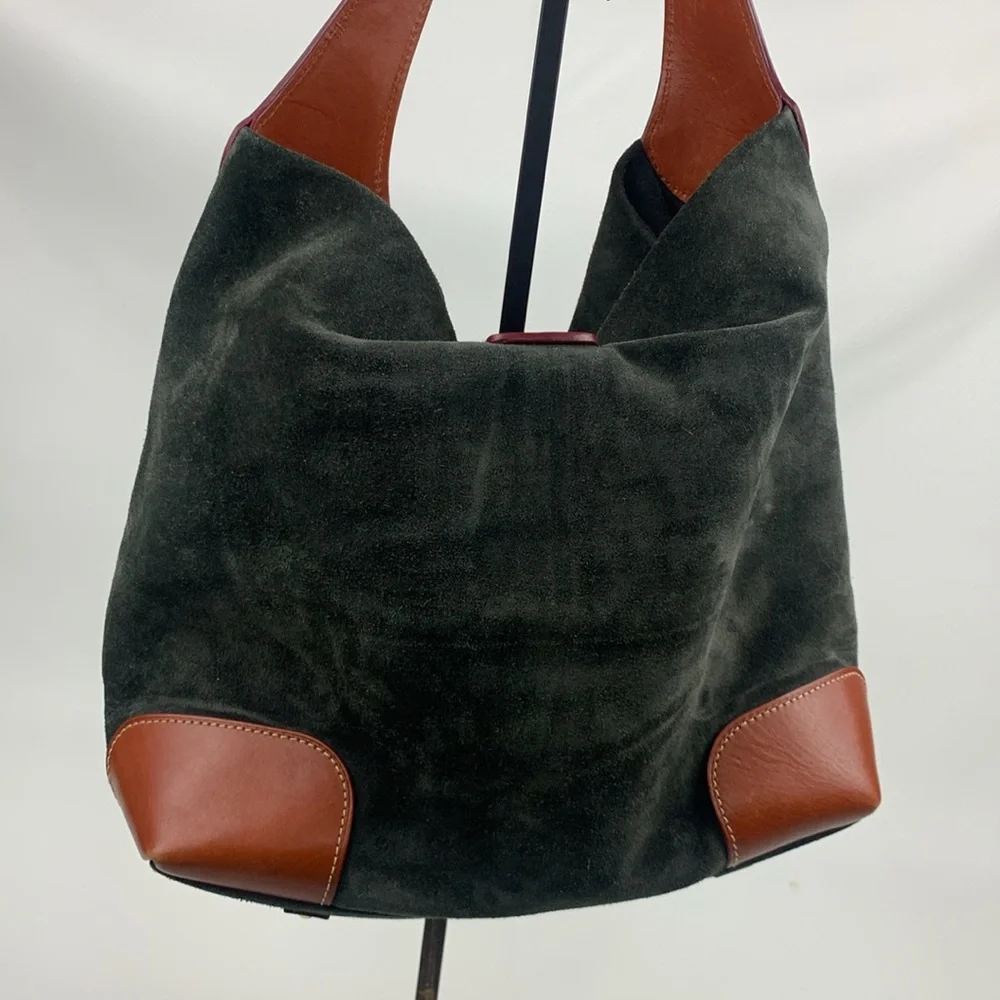 Dooney & Bourke Leather Suede Shoulder Bag Gray Brown Gold Red Lined Pockets - Picture 4 of 16